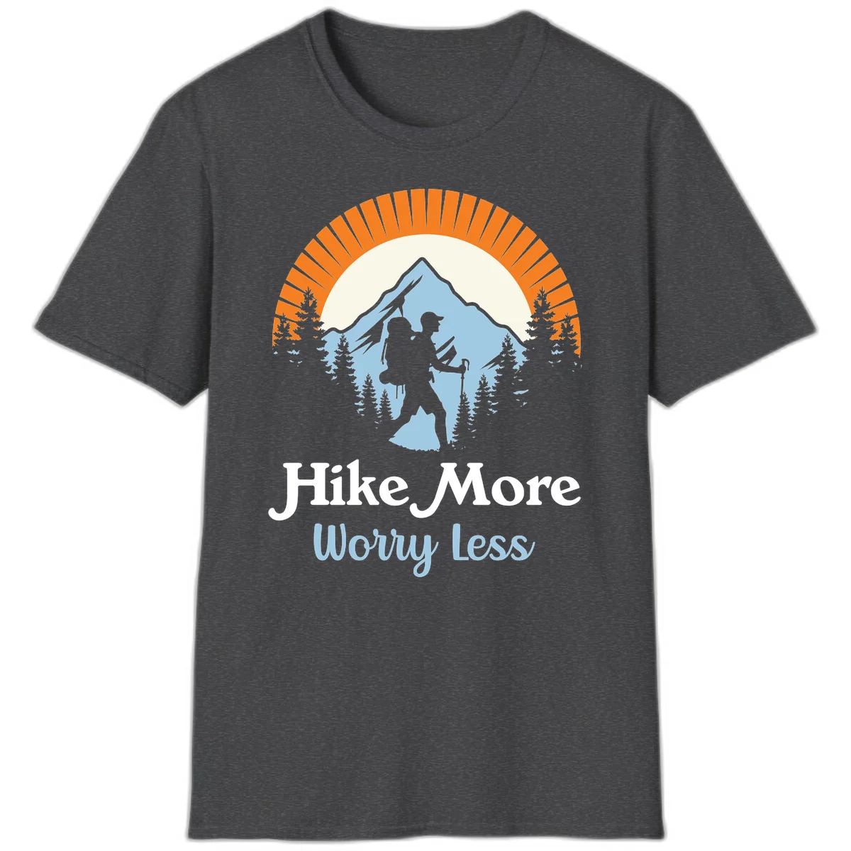 Hike more worry less badge design with silhouetted hiker, mountain peak, and evergreen forest in circular composition. in Dark Heather
