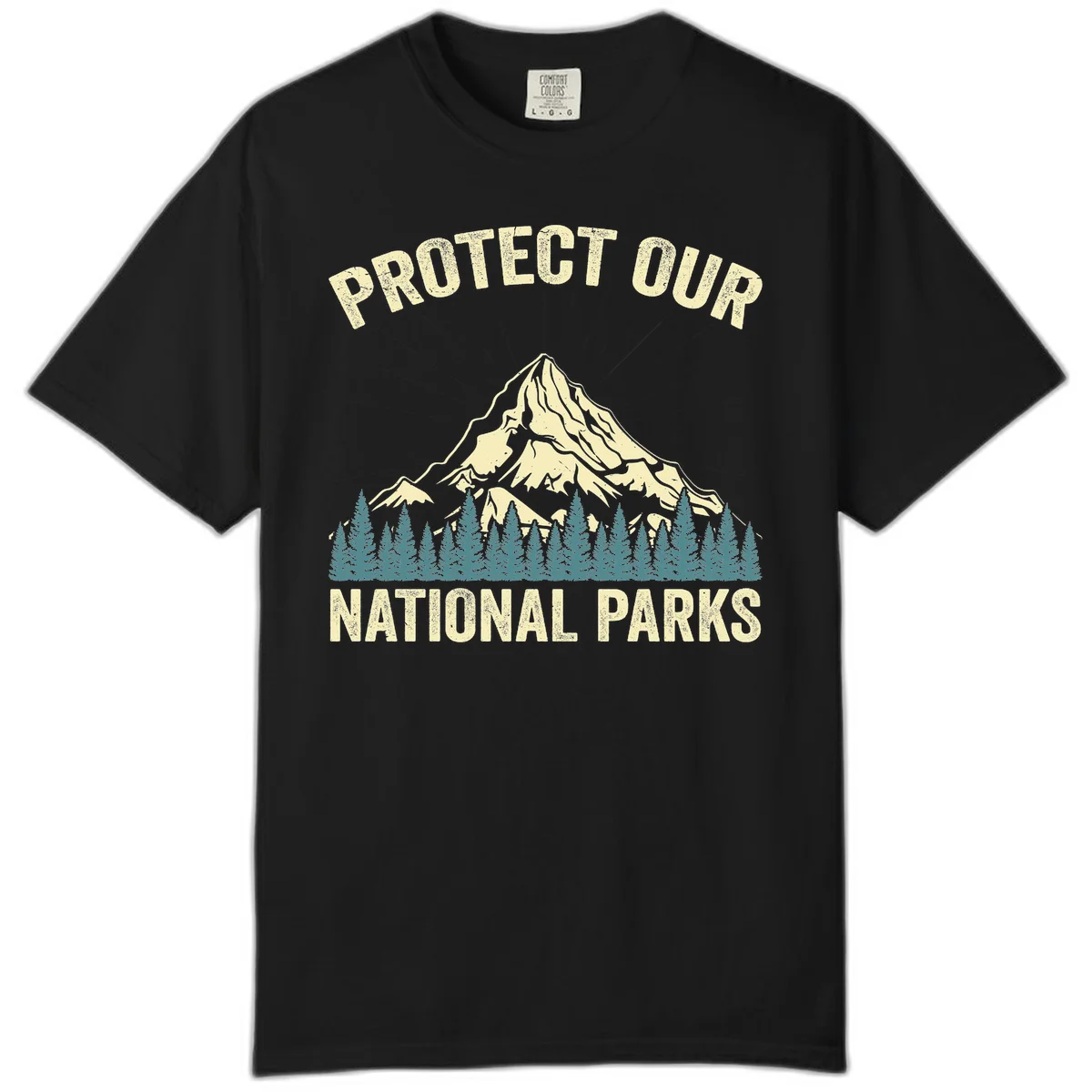 Vintage-style mountain illustration with 'Protect Our National Parks' text, featuring snow peak, forest silhouette, and sun rays in Black
