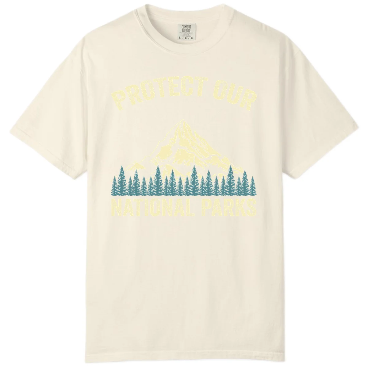 Vintage-style mountain illustration with 'Protect Our National Parks' text, featuring snow peak, forest silhouette, and sun rays in Ivory