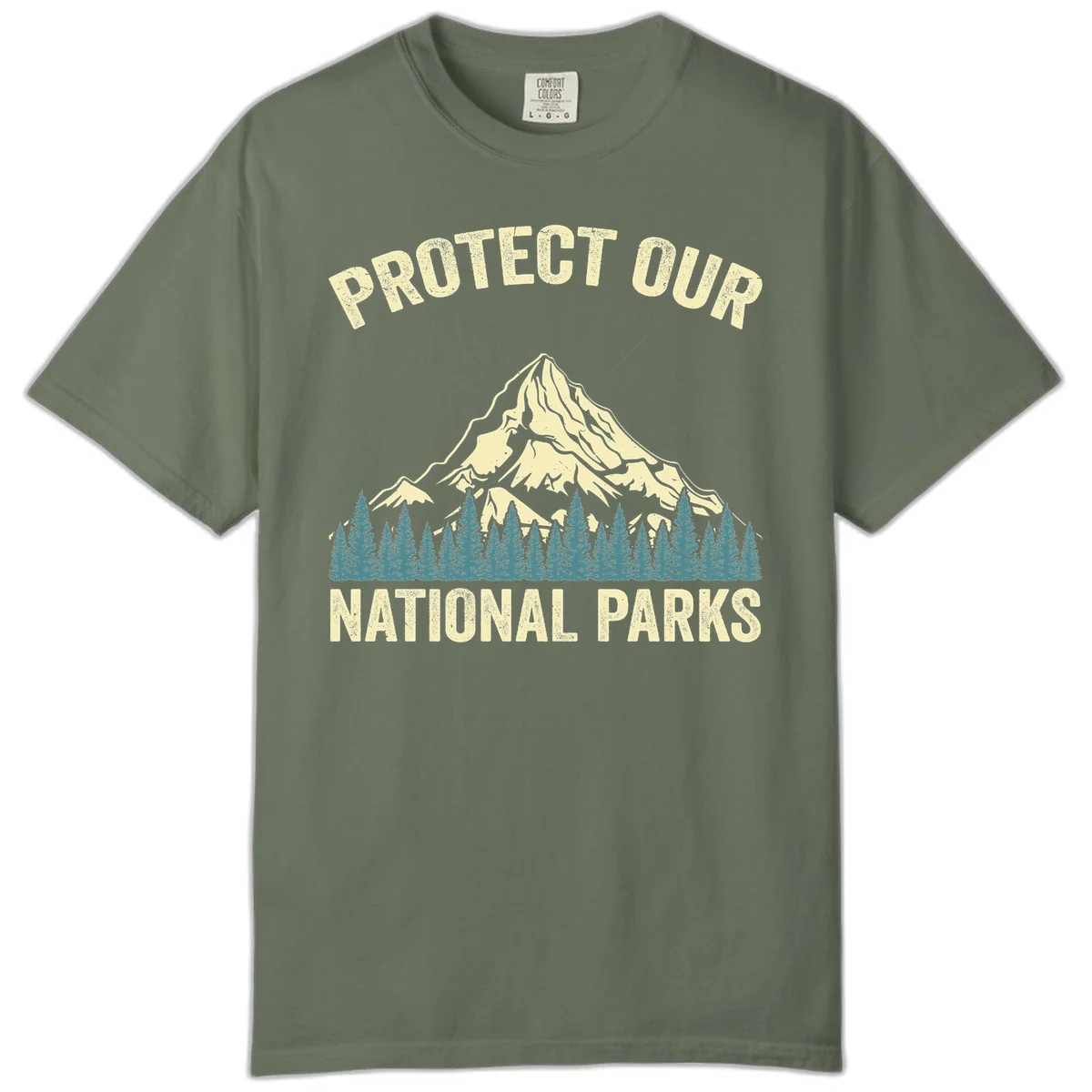 Vintage-style mountain illustration with 'Protect Our National Parks' text, featuring snow peak, forest silhouette, and sun rays in Moss