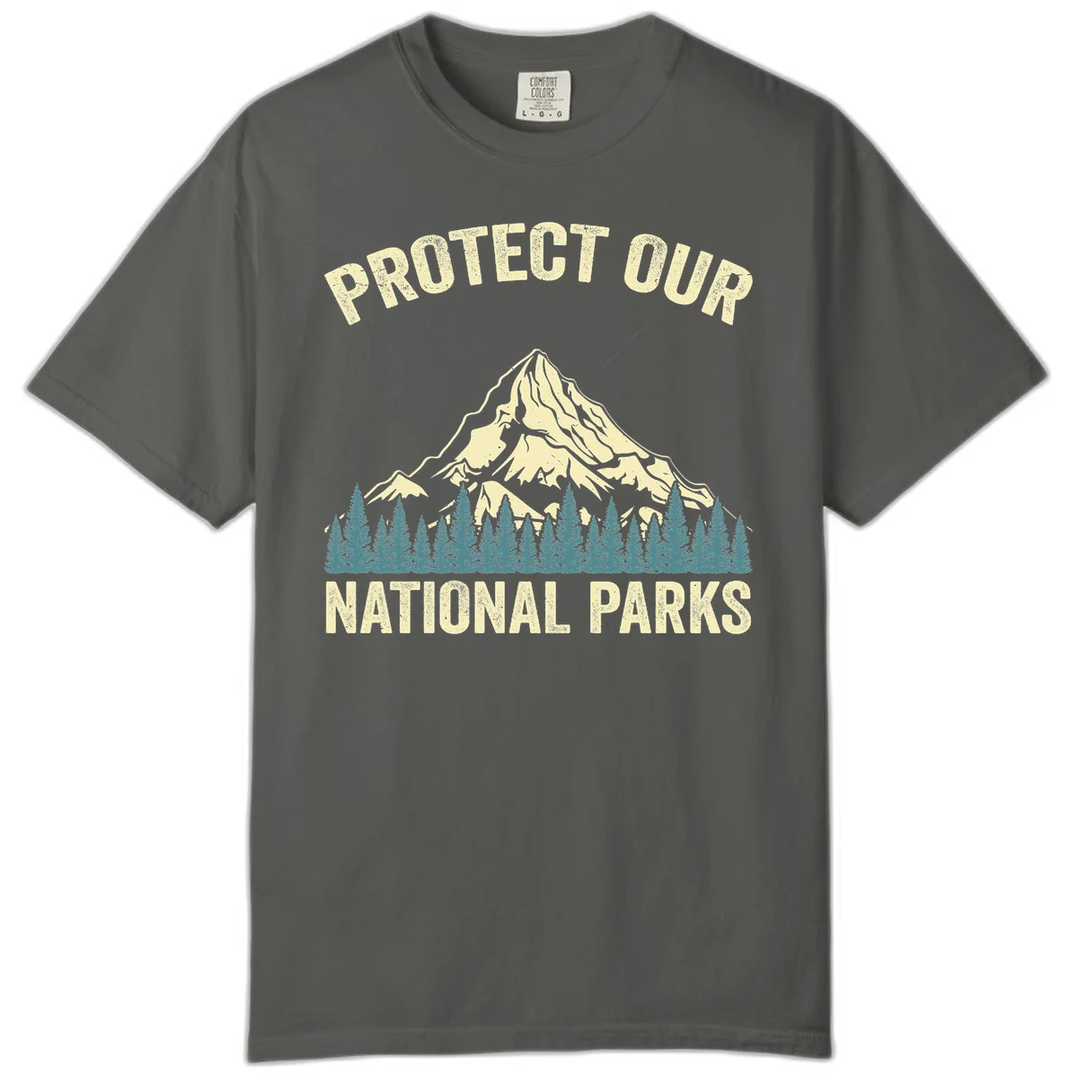 Vintage-style mountain illustration with 'Protect Our National Parks' text, featuring snow peak, forest silhouette, and sun rays in Pepper