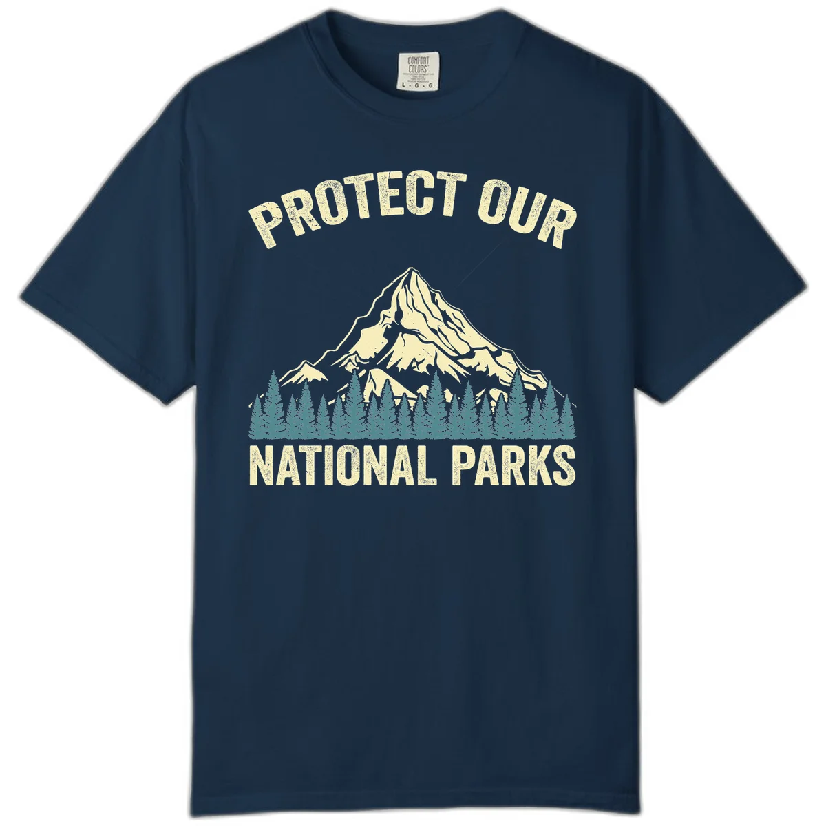 Vintage-style mountain illustration with 'Protect Our National Parks' text, featuring snow peak, forest silhouette, and sun rays in True Navy