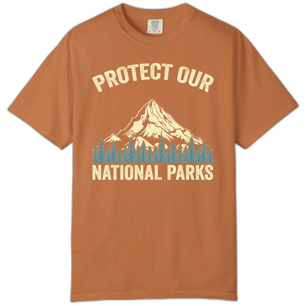 Vintage-style mountain illustration with 'Protect Our National Parks' text, featuring snow peak, forest silhouette, and sun rays in Yam