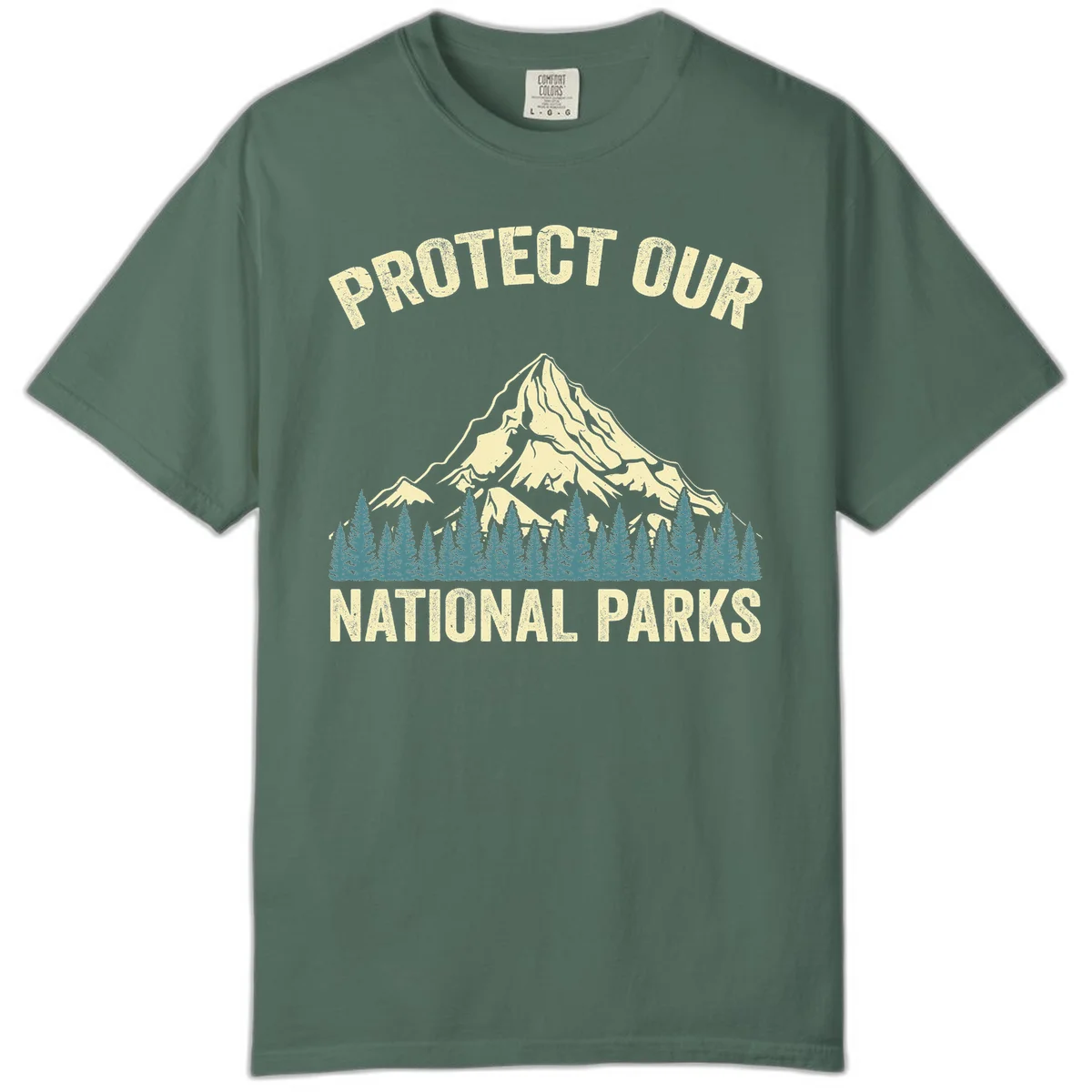Vintage-style mountain illustration with 'Protect Our National Parks' text, featuring snow peak, forest silhouette, and sun rays in Blue Spruce