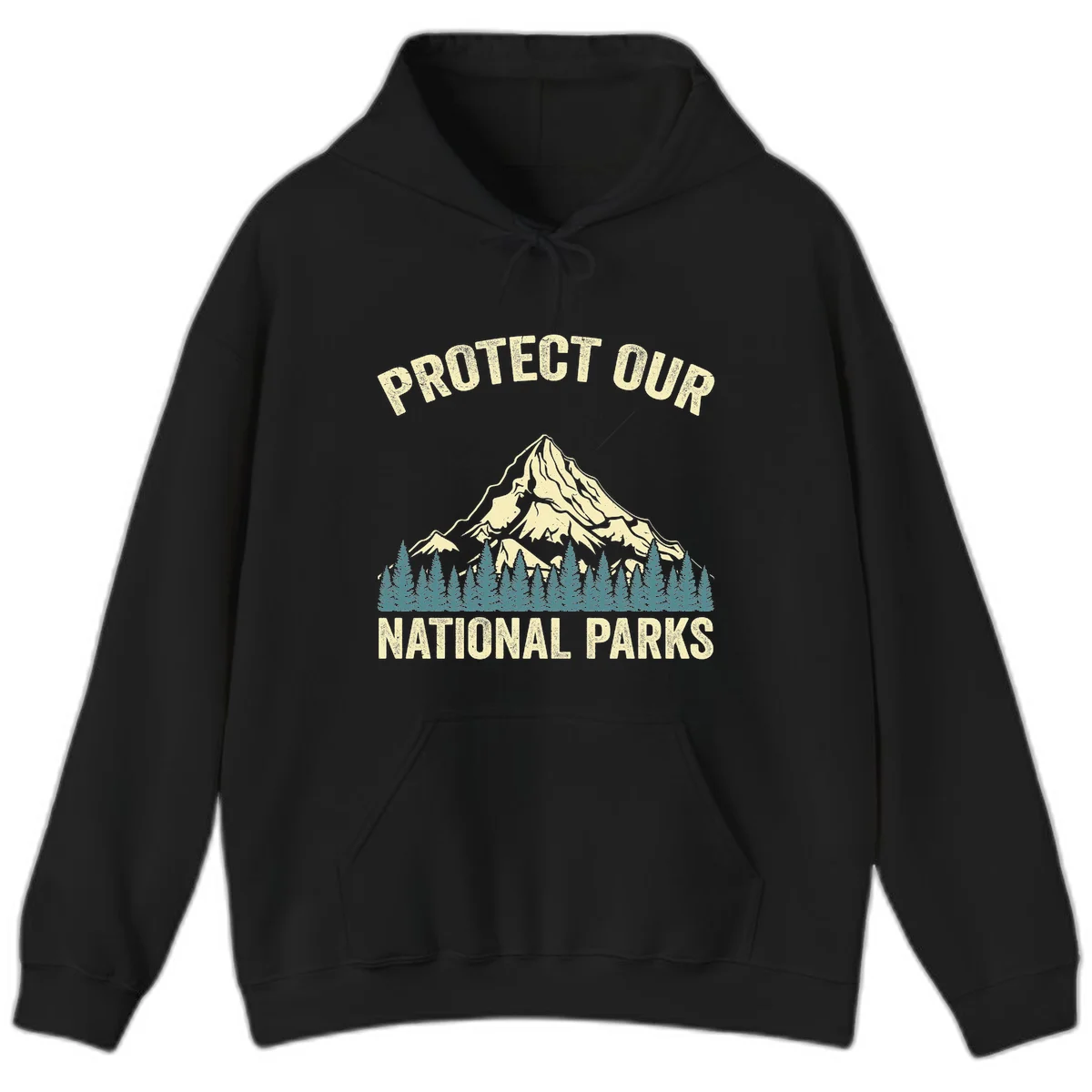 Vintage-style mountain illustration with 'Protect Our National Parks' text, featuring snow peak, forest silhouette, and sun rays in Black