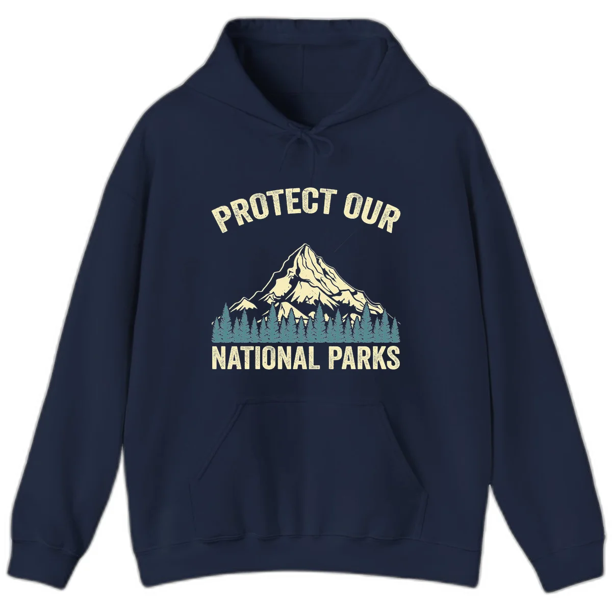 Vintage-style mountain illustration with 'Protect Our National Parks' text, featuring snow peak, forest silhouette, and sun rays in Navy