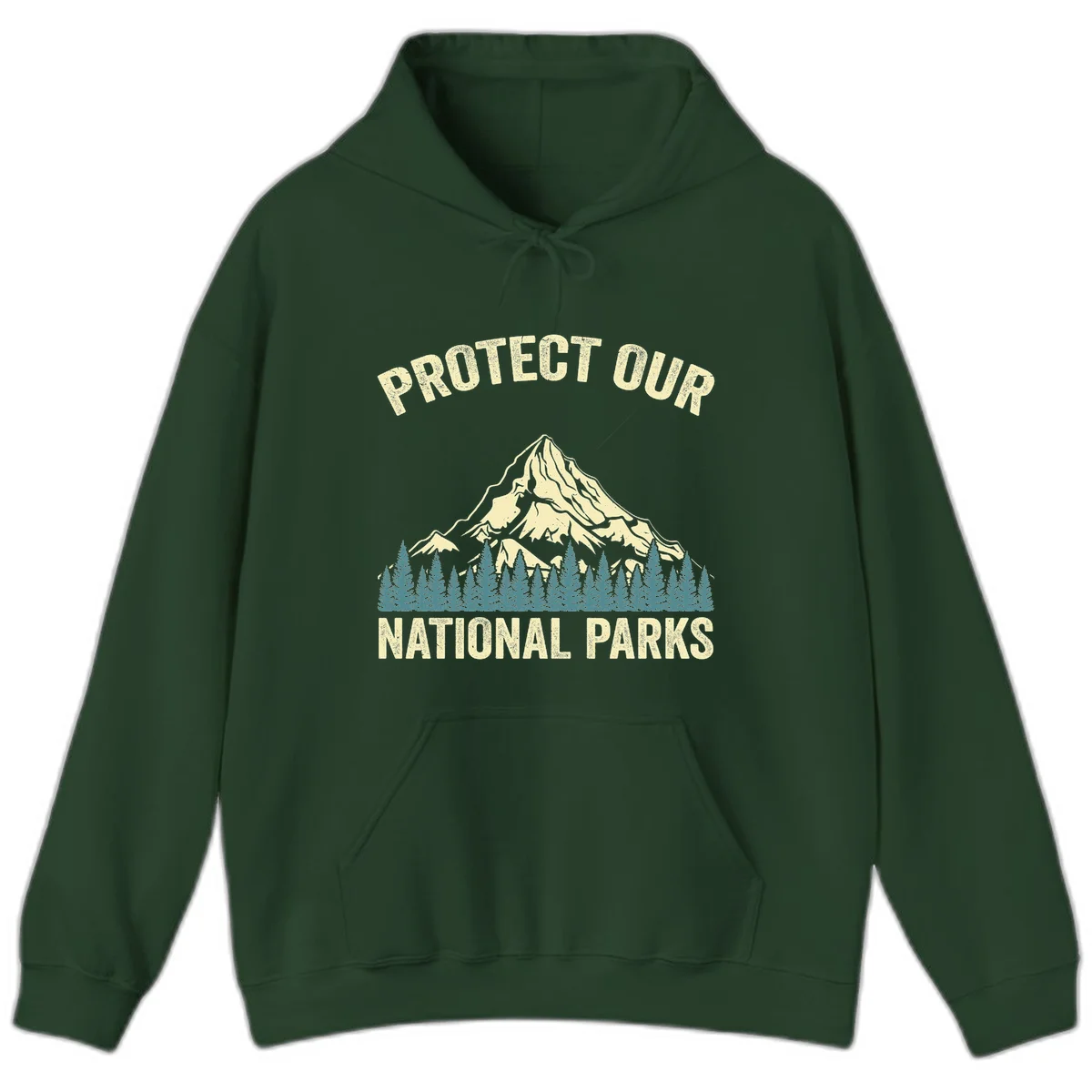 Vintage-style mountain illustration with 'Protect Our National Parks' text, featuring snow peak, forest silhouette, and sun rays in Forest Green