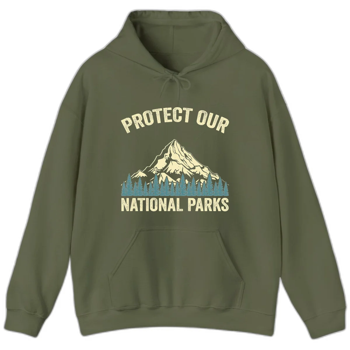 Vintage-style mountain illustration with 'Protect Our National Parks' text, featuring snow peak, forest silhouette, and sun rays in Military Green