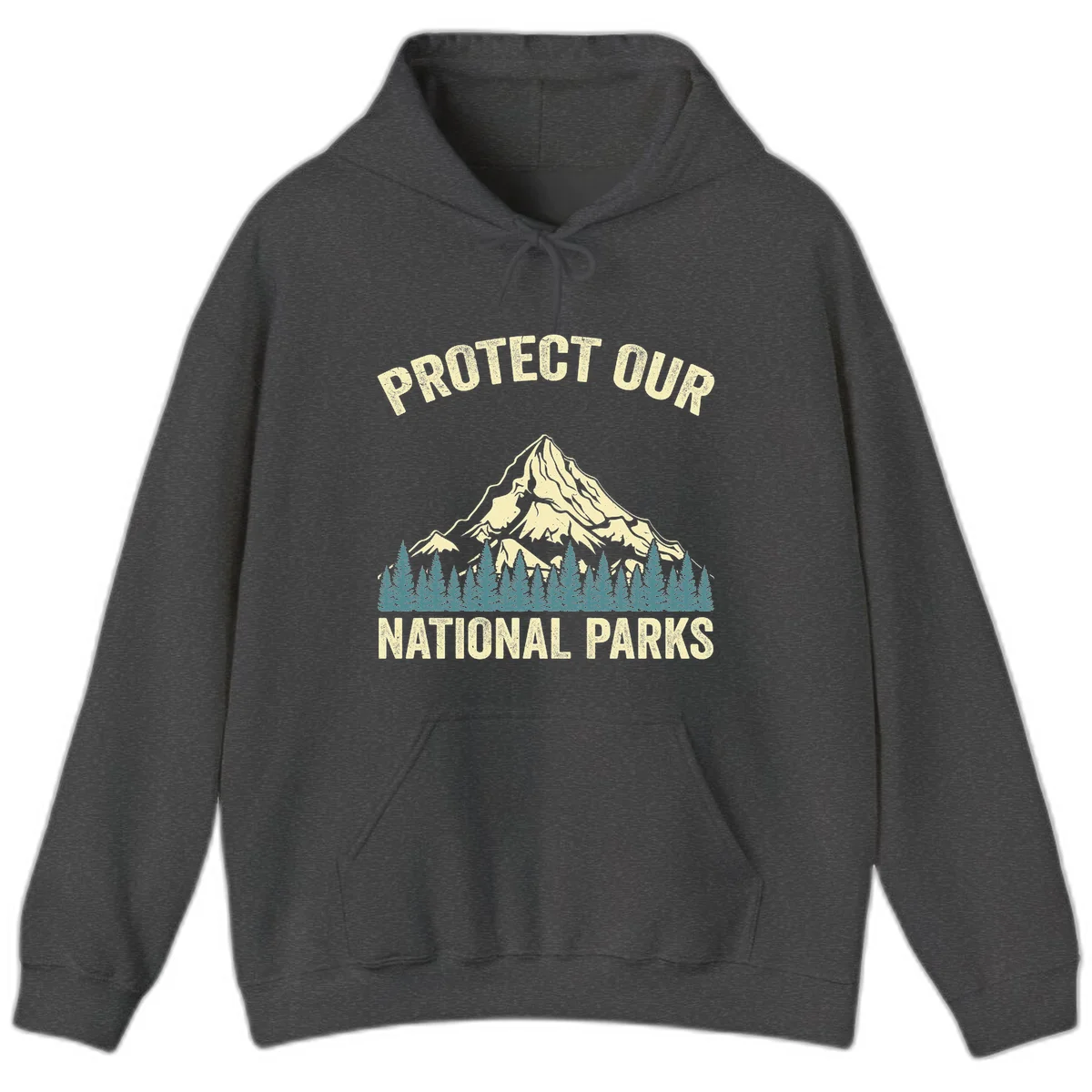 Vintage-style mountain illustration with 'Protect Our National Parks' text, featuring snow peak, forest silhouette, and sun rays in Dark Heather