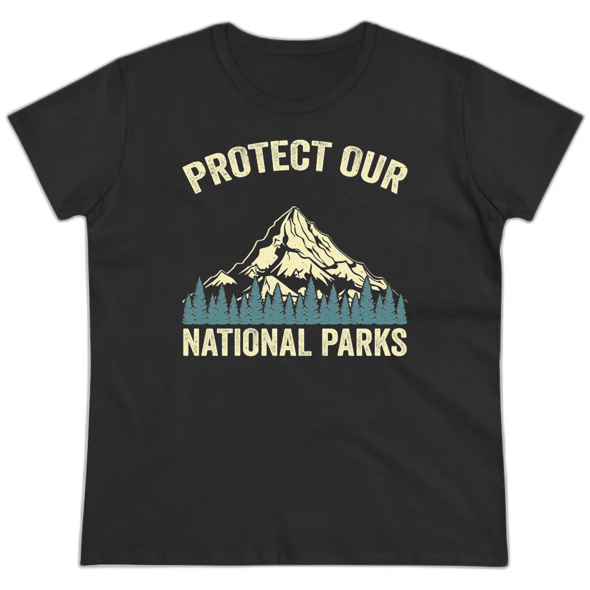 Vintage-style mountain illustration with 'Protect Our National Parks' text, featuring snow peak, forest silhouette, and sun rays in Black