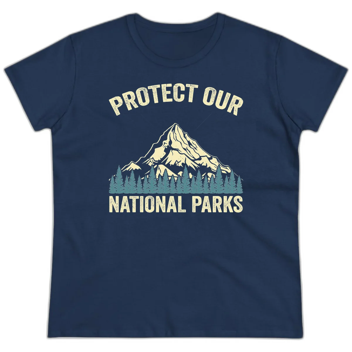 Vintage-style mountain illustration with 'Protect Our National Parks' text, featuring snow peak, forest silhouette, and sun rays in Navy