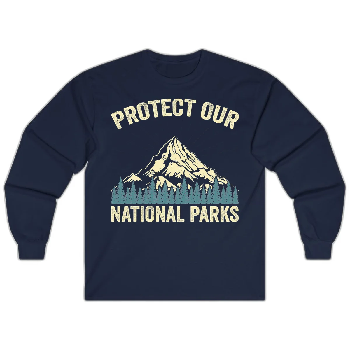 Vintage-style mountain illustration with 'Protect Our National Parks' text, featuring snow peak, forest silhouette, and sun rays in Navy