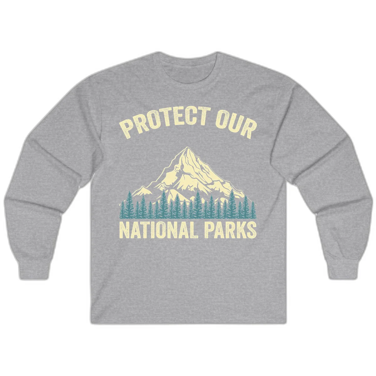 Vintage-style mountain illustration with 'Protect Our National Parks' text, featuring snow peak, forest silhouette, and sun rays in Sport Grey
