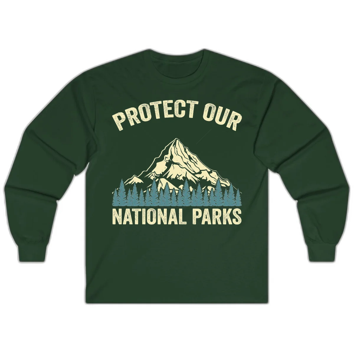 Vintage-style mountain illustration with 'Protect Our National Parks' text, featuring snow peak, forest silhouette, and sun rays in Forest Green