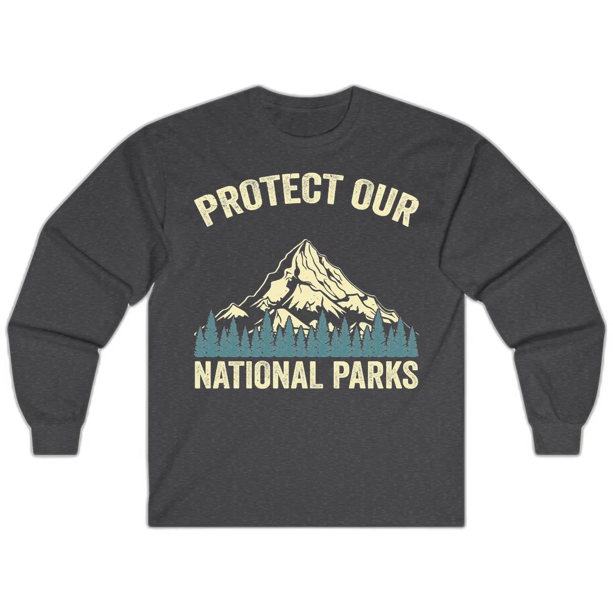 Vintage-style mountain illustration with 'Protect Our National Parks' text, featuring snow peak, forest silhouette, and sun rays in Dark Heather