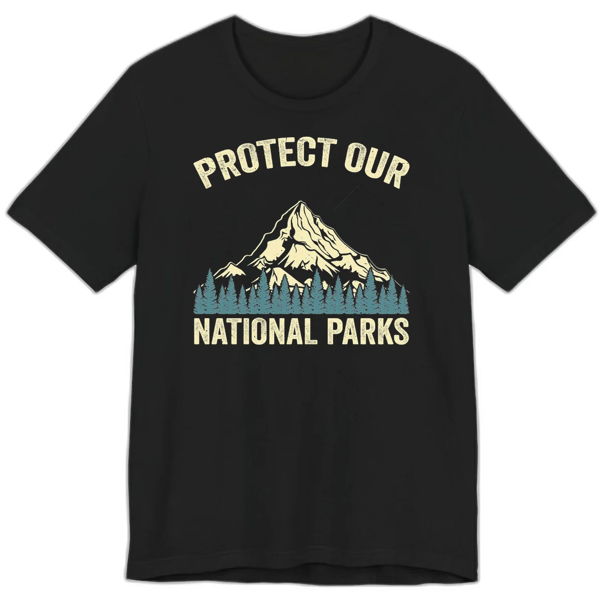 Vintage-style mountain illustration with 'Protect Our National Parks' text, featuring snow peak, forest silhouette, and sun rays in Black