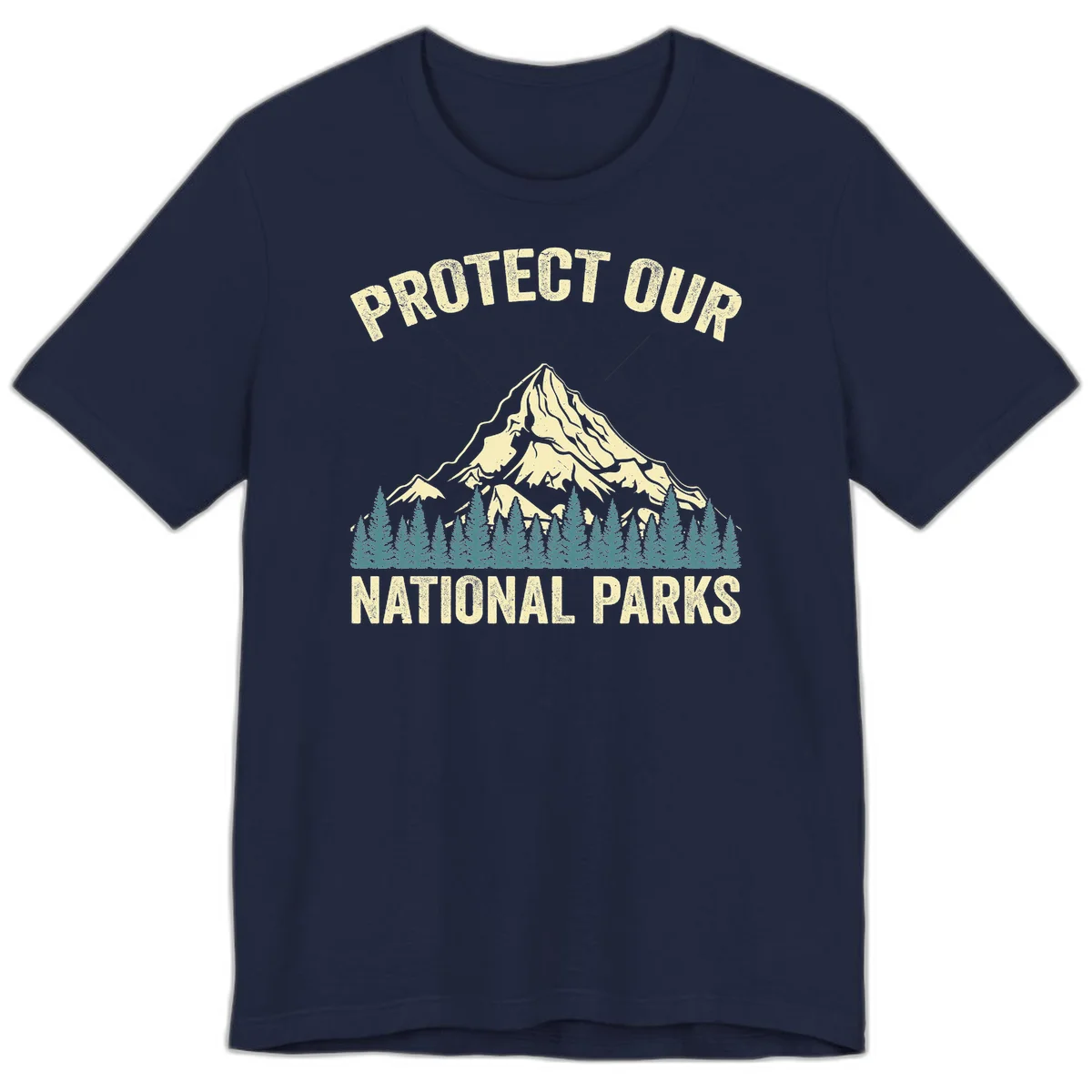 Vintage-style mountain illustration with 'Protect Our National Parks' text, featuring snow peak, forest silhouette, and sun rays in Navy