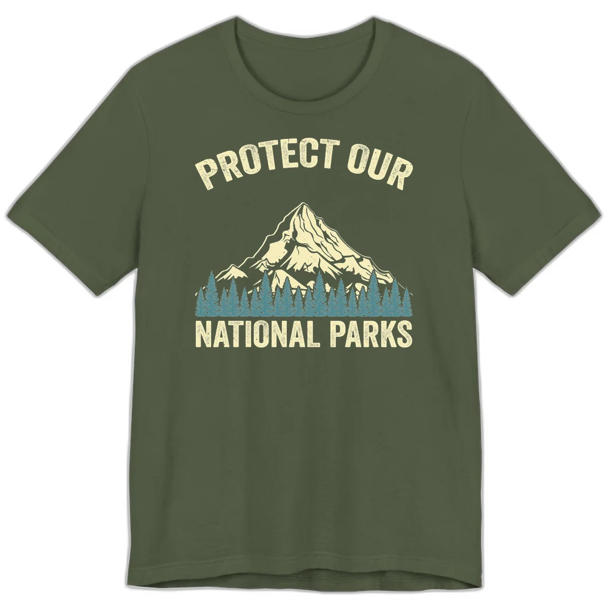 Vintage-style mountain illustration with 'Protect Our National Parks' text, featuring snow peak, forest silhouette, and sun rays in Military Green