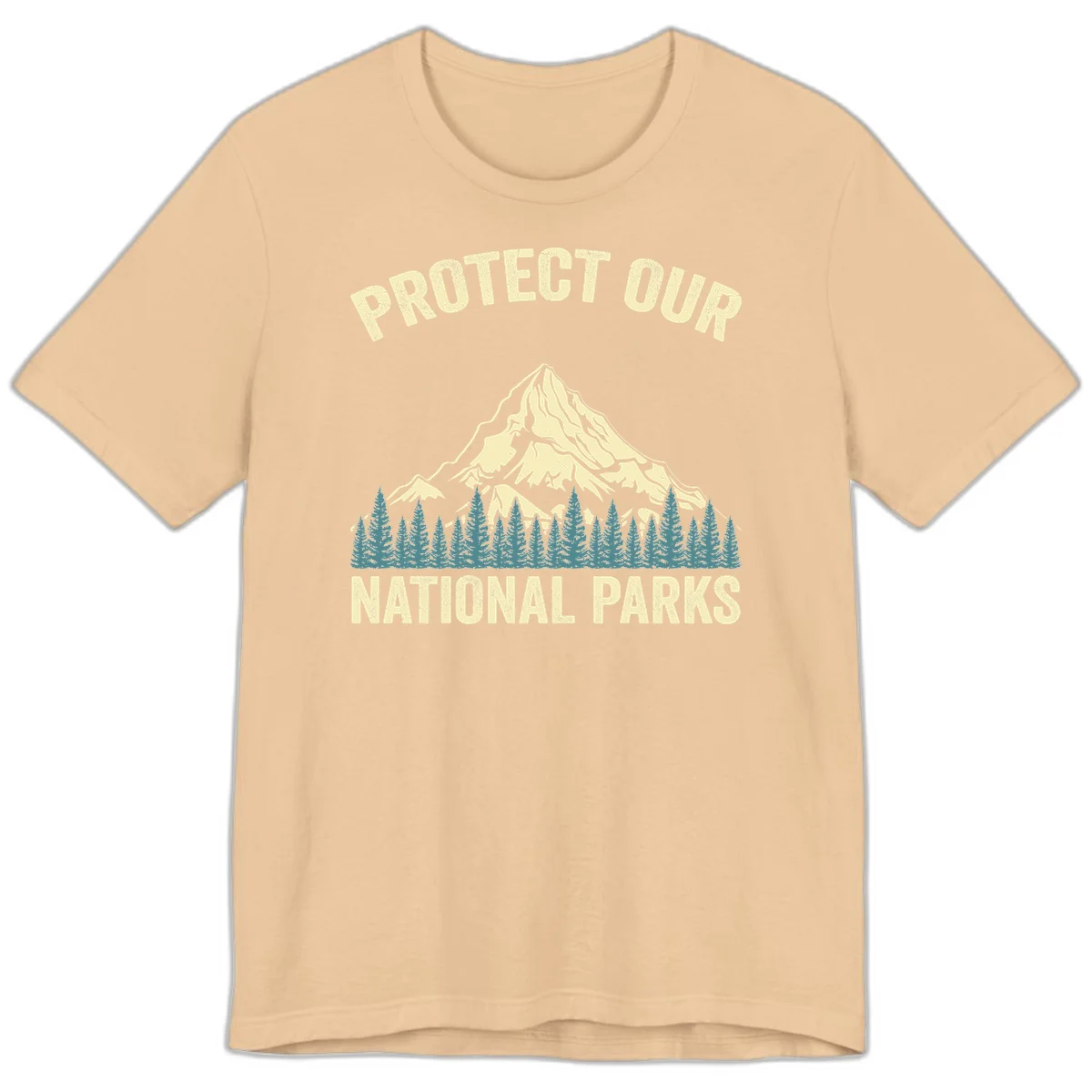 Vintage-style mountain illustration with 'Protect Our National Parks' text, featuring snow peak, forest silhouette, and sun rays in Sand Dune