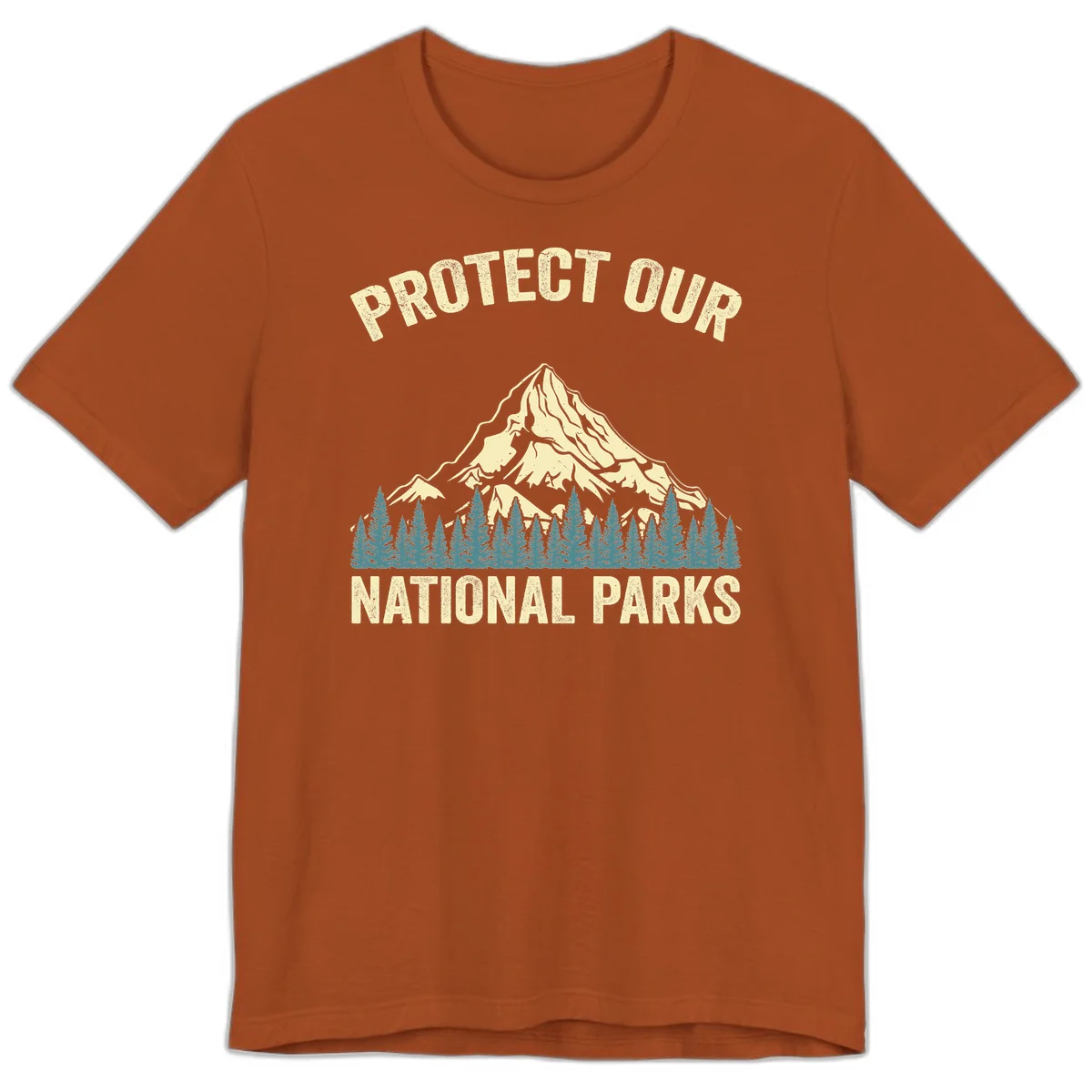 Vintage-style mountain illustration with 'Protect Our National Parks' text, featuring snow peak, forest silhouette, and sun rays in Autumn