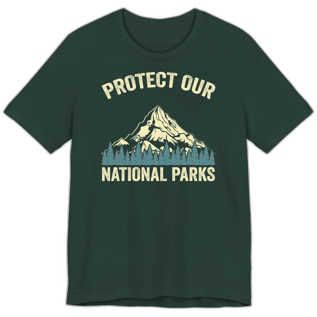Vintage-style mountain illustration with 'Protect Our National Parks' text, featuring snow peak, forest silhouette, and sun rays in Forest