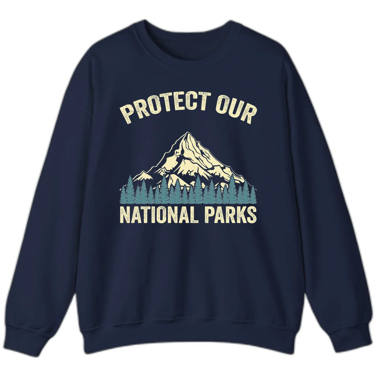 Vintage-style mountain illustration with 'Protect Our National Parks' text, featuring snow peak, forest silhouette, and sun rays in Navy
