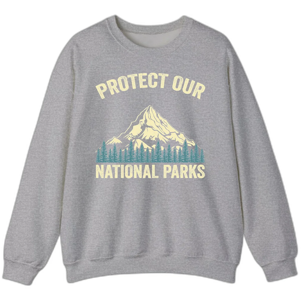 Vintage-style mountain illustration with 'Protect Our National Parks' text, featuring snow peak, forest silhouette, and sun rays in Sport Grey