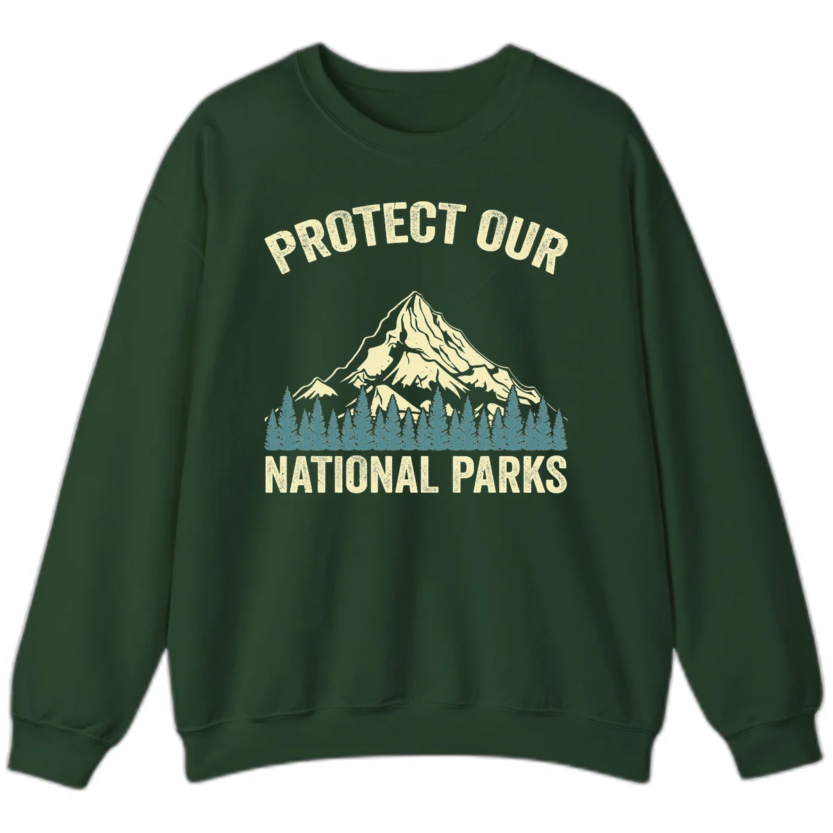 Vintage-style mountain illustration with 'Protect Our National Parks' text, featuring snow peak, forest silhouette, and sun rays in Forest Green