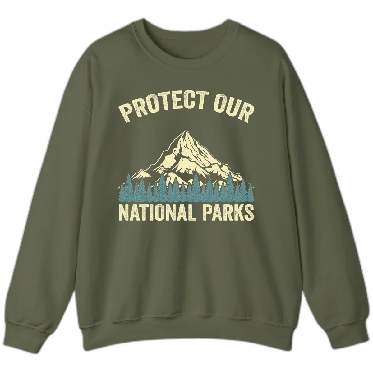 Vintage-style mountain illustration with 'Protect Our National Parks' text, featuring snow peak, forest silhouette, and sun rays in Military Green