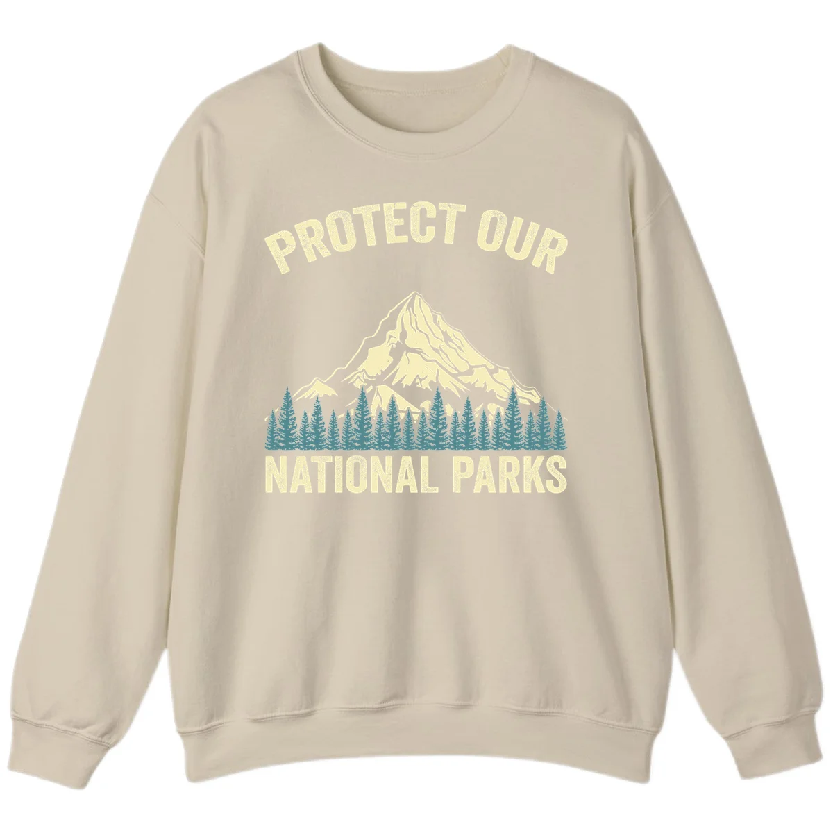 Vintage-style mountain illustration with 'Protect Our National Parks' text, featuring snow peak, forest silhouette, and sun rays in Sand