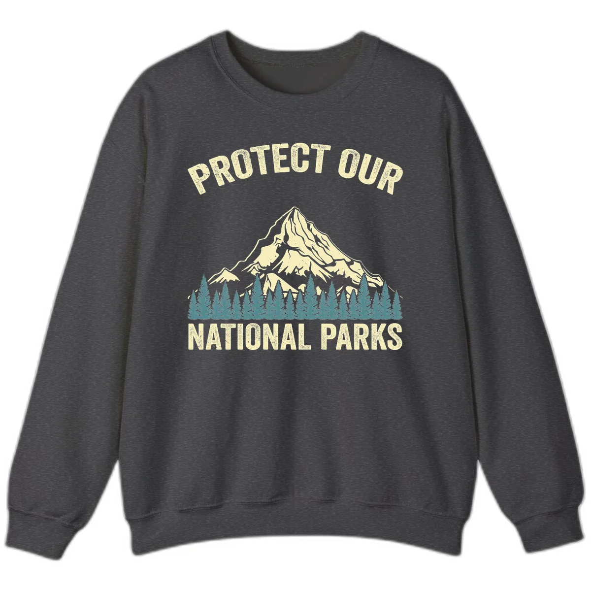 Vintage-style mountain illustration with 'Protect Our National Parks' text, featuring snow peak, forest silhouette, and sun rays in Dark Heather