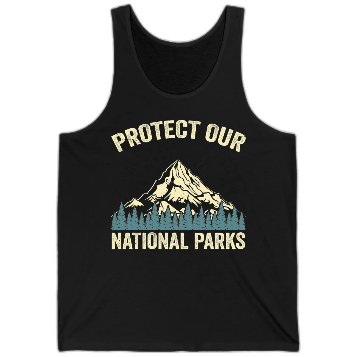 Vintage-style mountain illustration with 'Protect Our National Parks' text, featuring snow peak, forest silhouette, and sun rays in Black