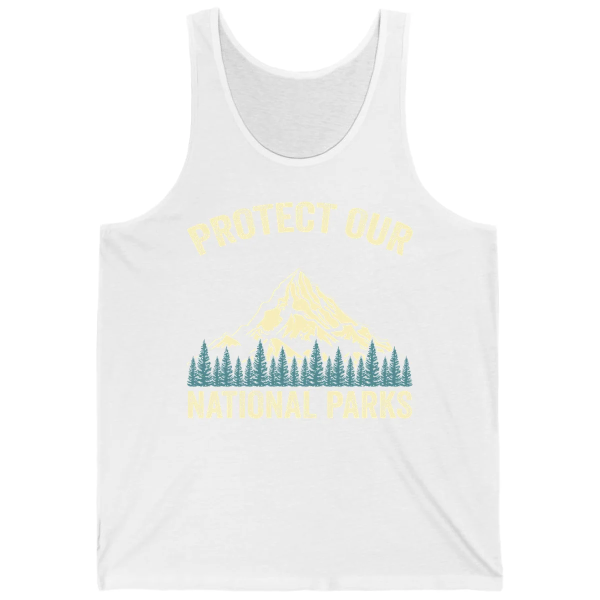 Vintage-style mountain illustration with 'Protect Our National Parks' text, featuring snow peak, forest silhouette, and sun rays in White