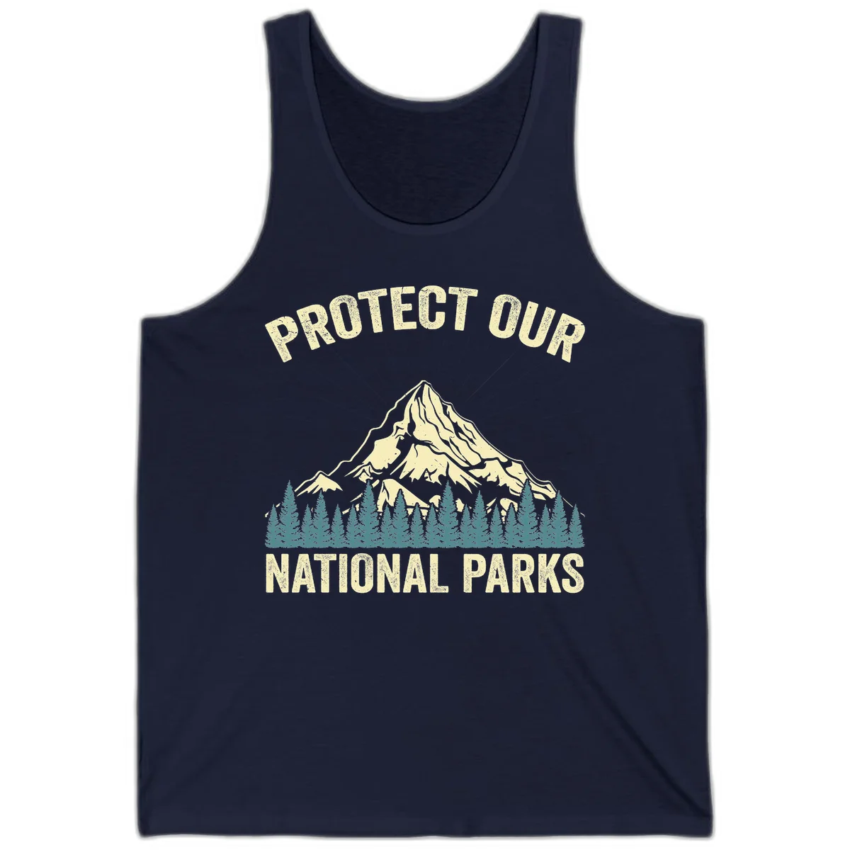 Vintage-style mountain illustration with 'Protect Our National Parks' text, featuring snow peak, forest silhouette, and sun rays in Navy