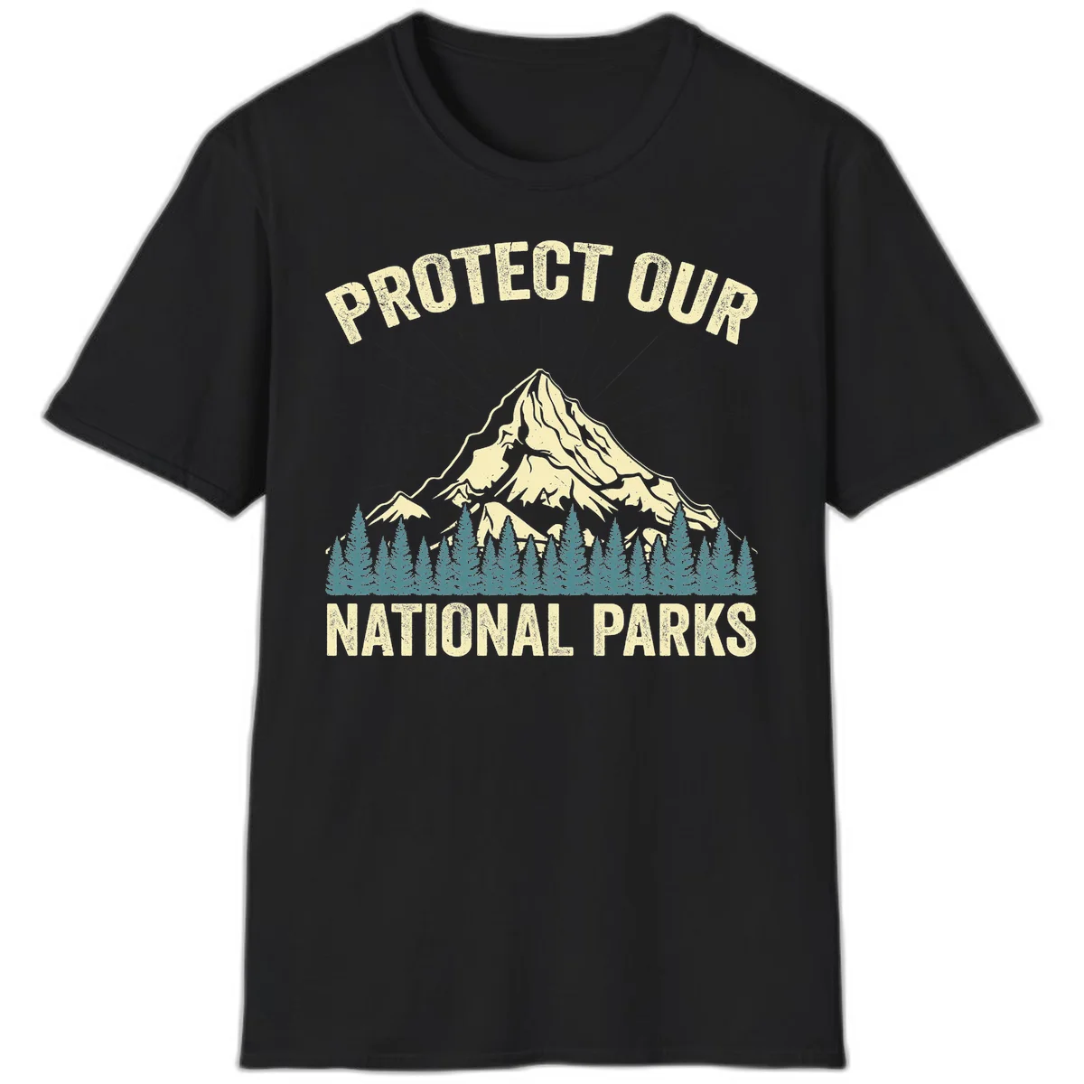 Vintage-style mountain illustration with 'Protect Our National Parks' text, featuring snow peak, forest silhouette, and sun rays in Black