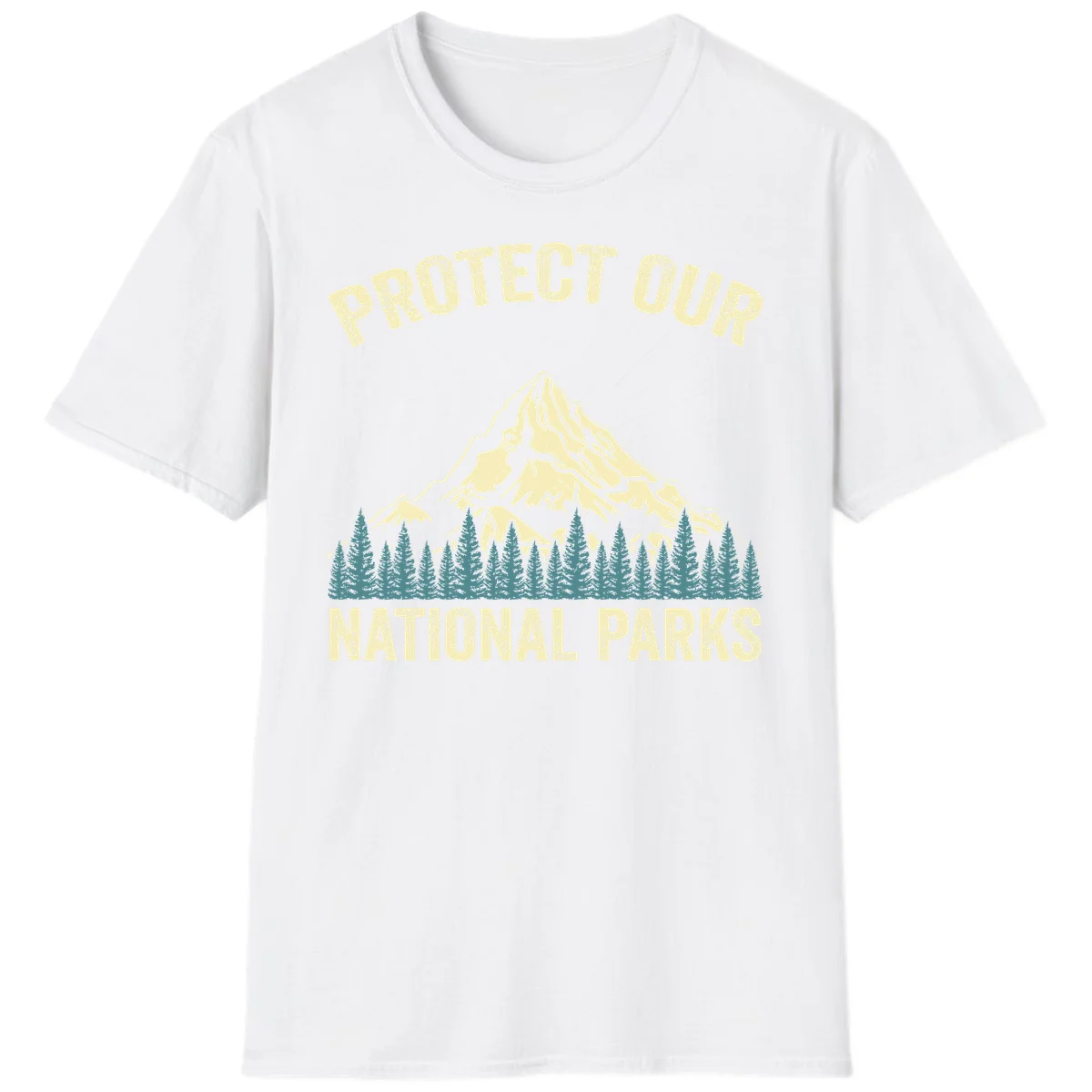 Vintage-style mountain illustration with 'Protect Our National Parks' text, featuring snow peak, forest silhouette, and sun rays in White