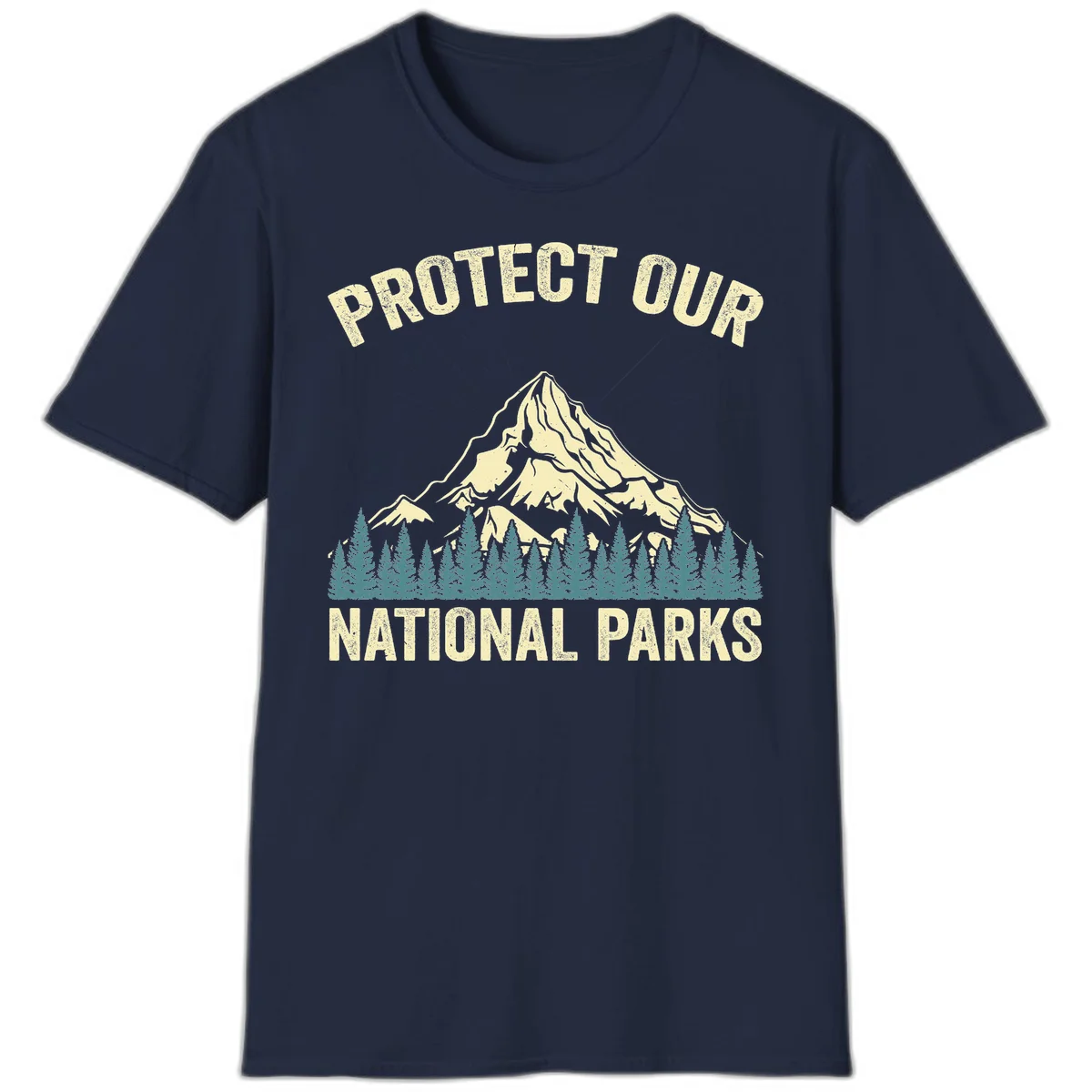Vintage-style mountain illustration with 'Protect Our National Parks' text, featuring snow peak, forest silhouette, and sun rays in Navy