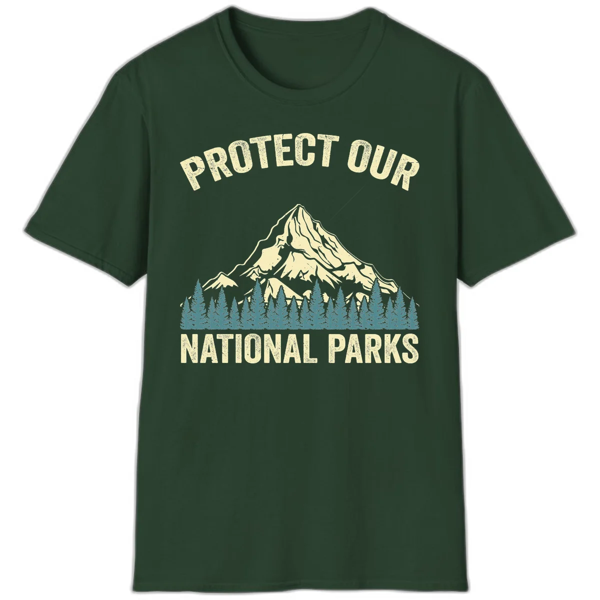 Vintage-style mountain illustration with 'Protect Our National Parks' text, featuring snow peak, forest silhouette, and sun rays in Forest Green