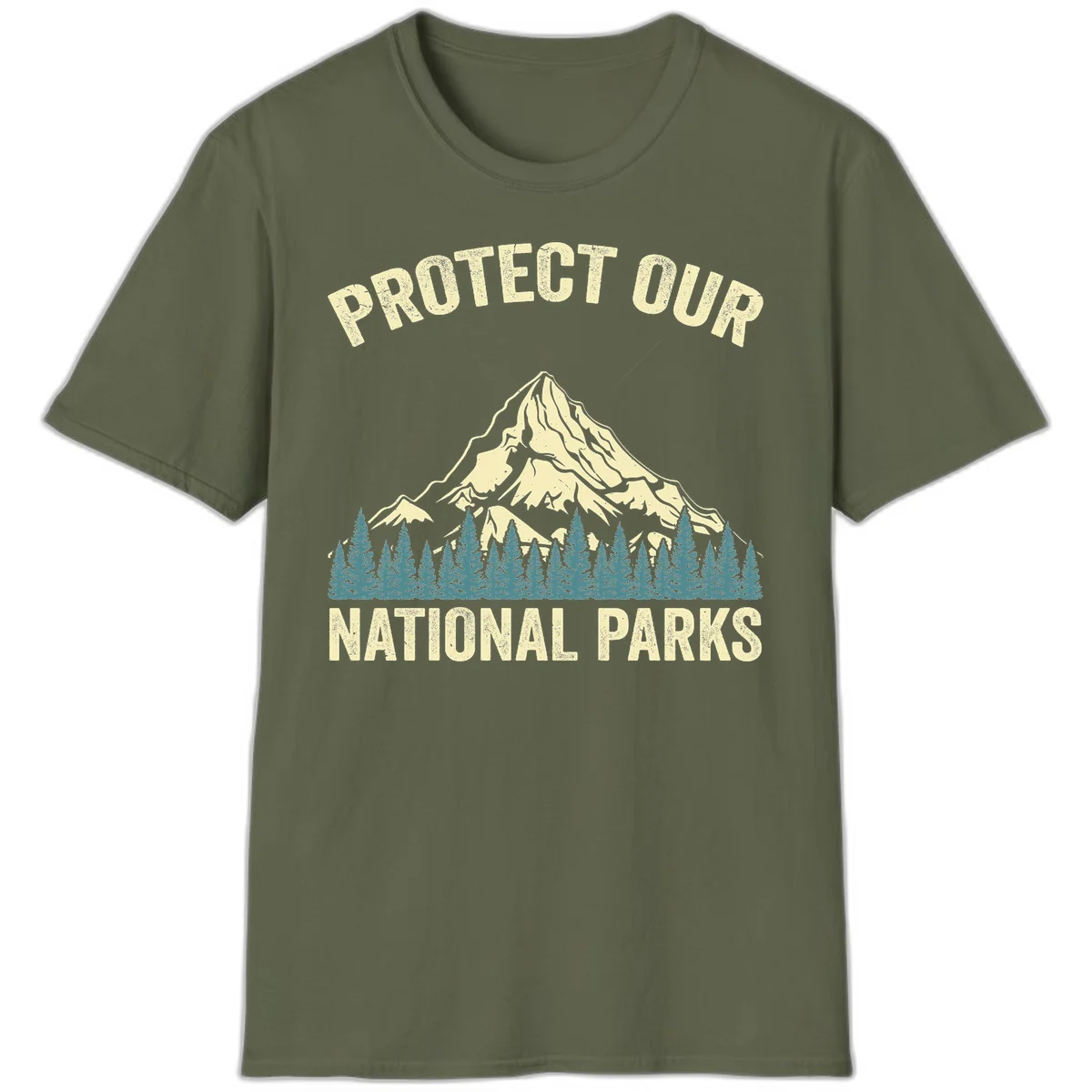 Vintage-style mountain illustration with 'Protect Our National Parks' text, featuring snow peak, forest silhouette, and sun rays in Military Green