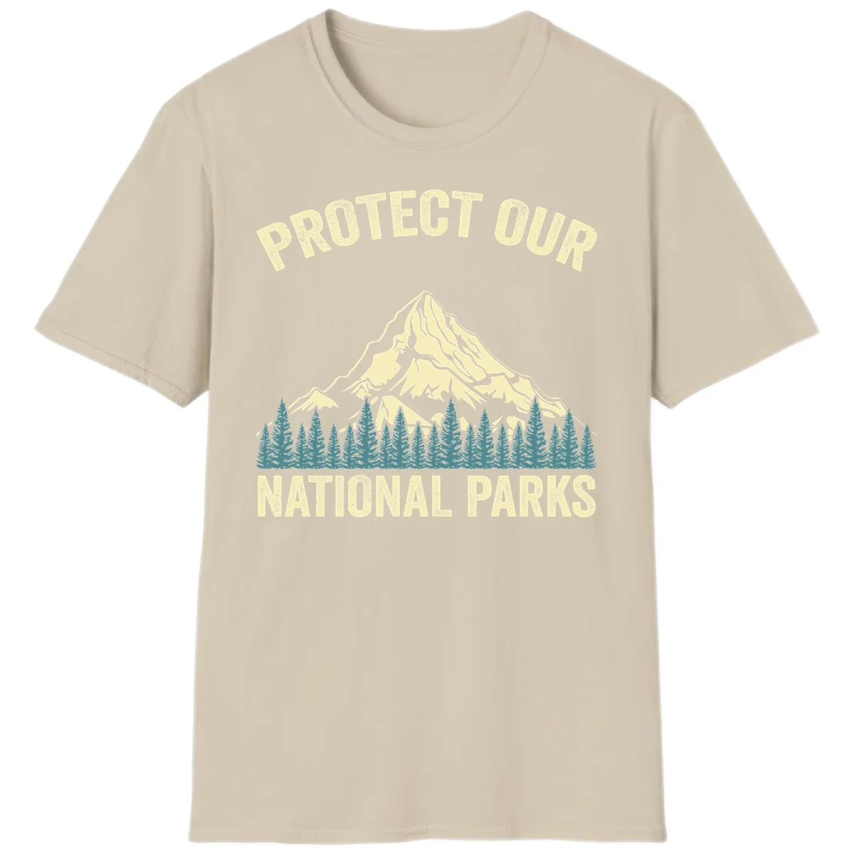Vintage-style mountain illustration with 'Protect Our National Parks' text, featuring snow peak, forest silhouette, and sun rays in Sand
