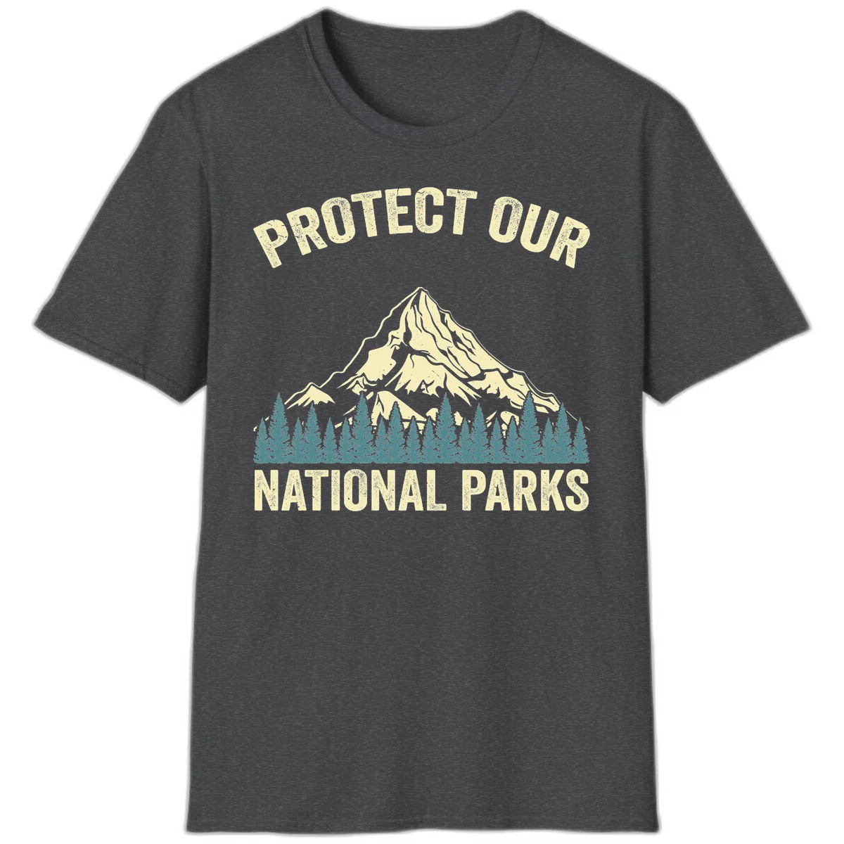 Vintage-style mountain illustration with 'Protect Our National Parks' text, featuring snow peak, forest silhouette, and sun rays in Dark Heather