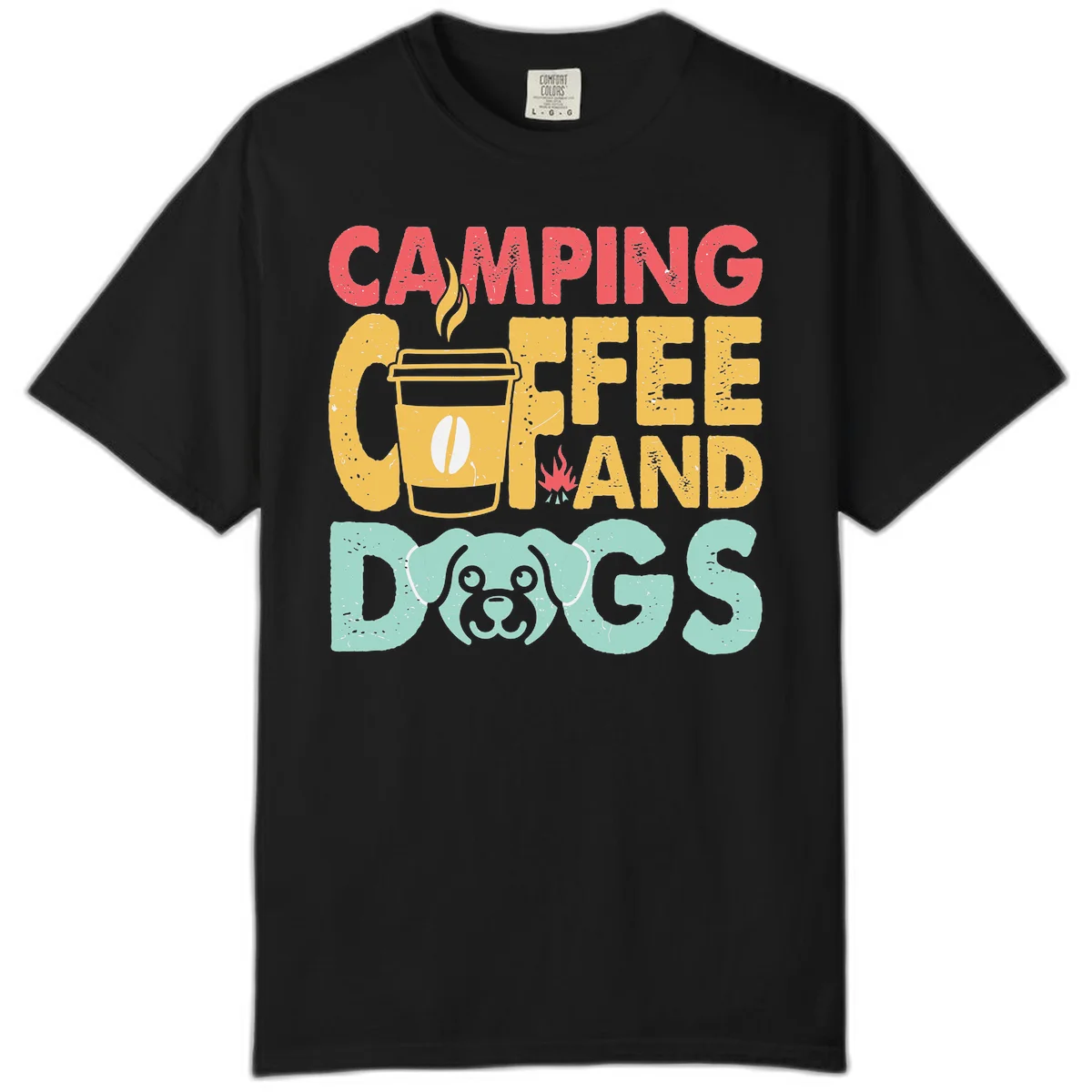 Distressed design with 'CAMPING COFFEE AND DOGS' text, yellow coffee cup with steam, red campfire, and mint green dog face illustration. in Black