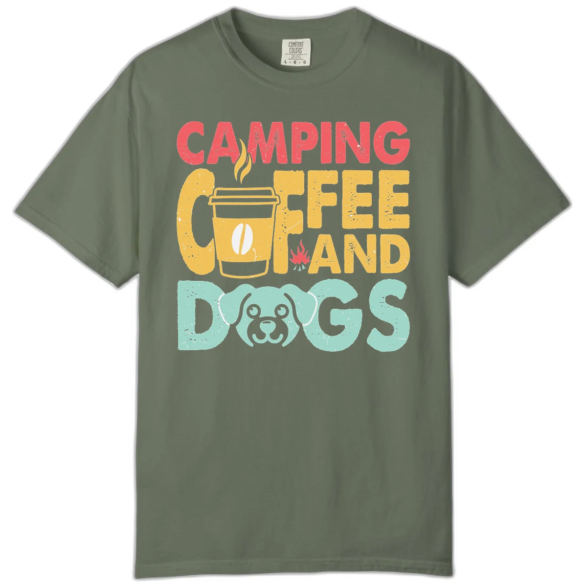 Distressed design with 'CAMPING COFFEE AND DOGS' text, yellow coffee cup with steam, red campfire, and mint green dog face illustration. in Moss