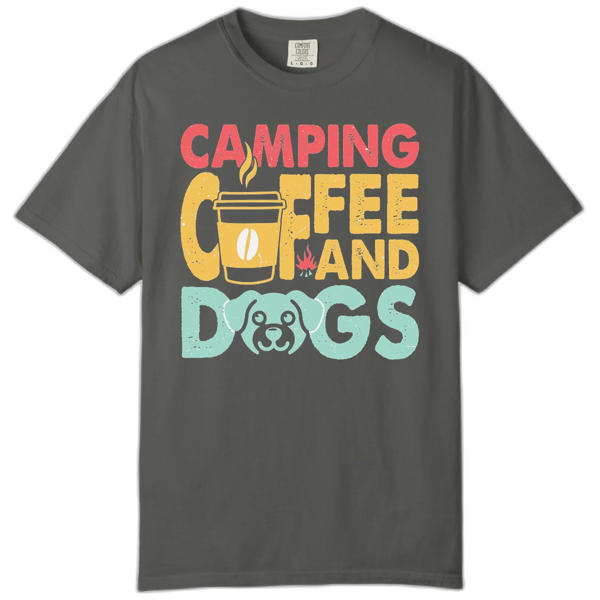 Distressed design with 'CAMPING COFFEE AND DOGS' text, yellow coffee cup with steam, red campfire, and mint green dog face illustration. in Pepper