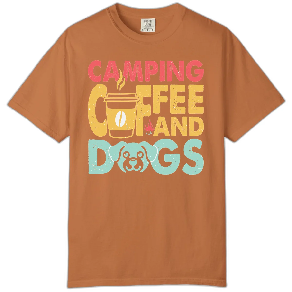 Distressed design with 'CAMPING COFFEE AND DOGS' text, yellow coffee cup with steam, red campfire, and mint green dog face illustration. in Yam