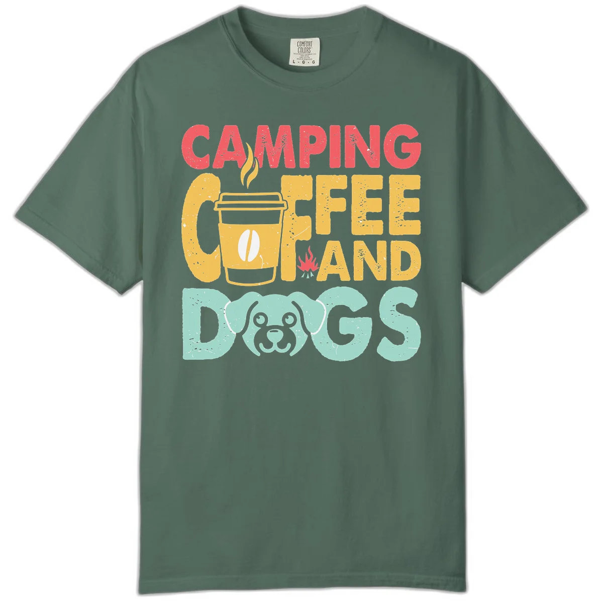 Distressed design with 'CAMPING COFFEE AND DOGS' text, yellow coffee cup with steam, red campfire, and mint green dog face illustration. in Blue Spruce