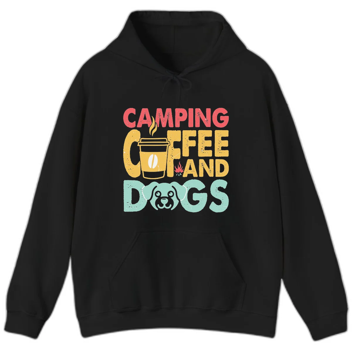 Distressed design with 'CAMPING COFFEE AND DOGS' text, yellow coffee cup with steam, red campfire, and mint green dog face illustration. in Black