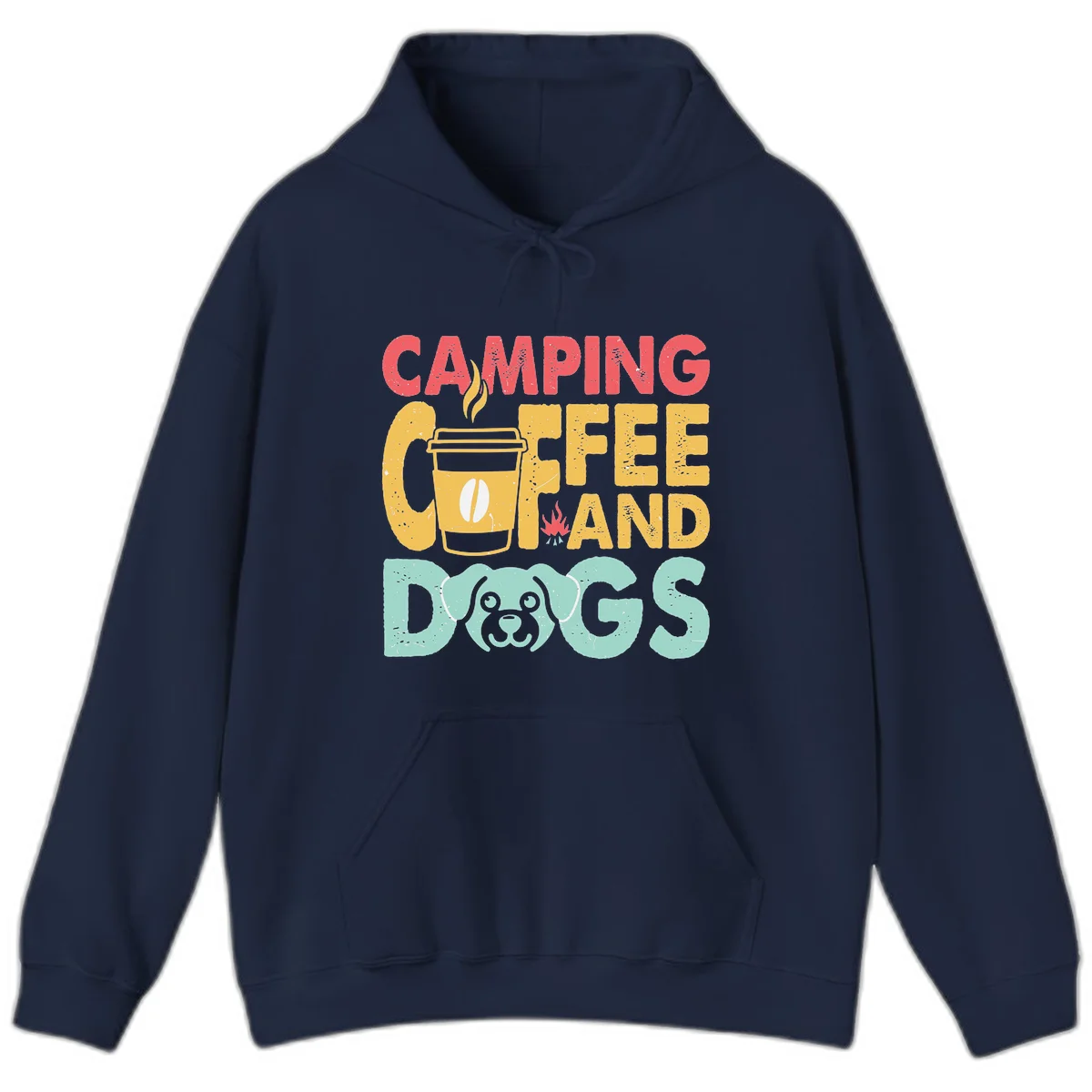 Distressed design with 'CAMPING COFFEE AND DOGS' text, yellow coffee cup with steam, red campfire, and mint green dog face illustration. in Navy
