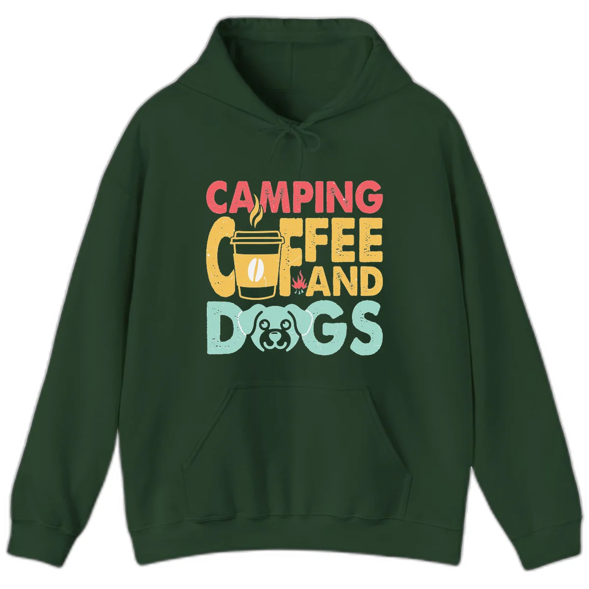Distressed design with 'CAMPING COFFEE AND DOGS' text, yellow coffee cup with steam, red campfire, and mint green dog face illustration. in Forest Green