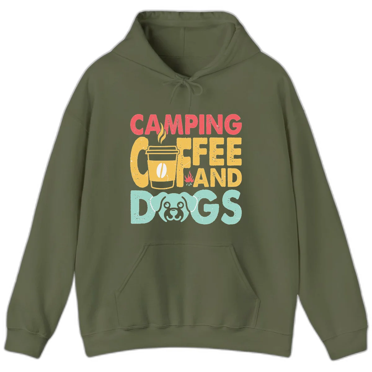 Distressed design with 'CAMPING COFFEE AND DOGS' text, yellow coffee cup with steam, red campfire, and mint green dog face illustration. in Military Green